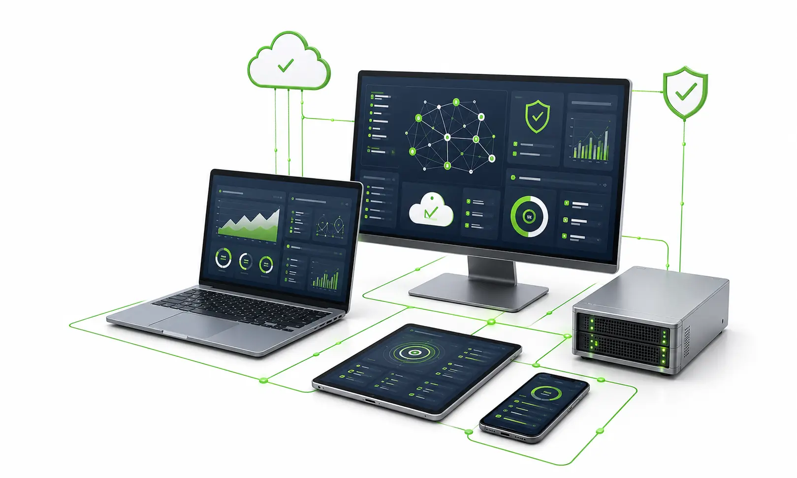 Vernetzte IT-Infrastruktur mit Arbeitsplatz, Server, Cloud, Monitoring und IT-Sicherheit
