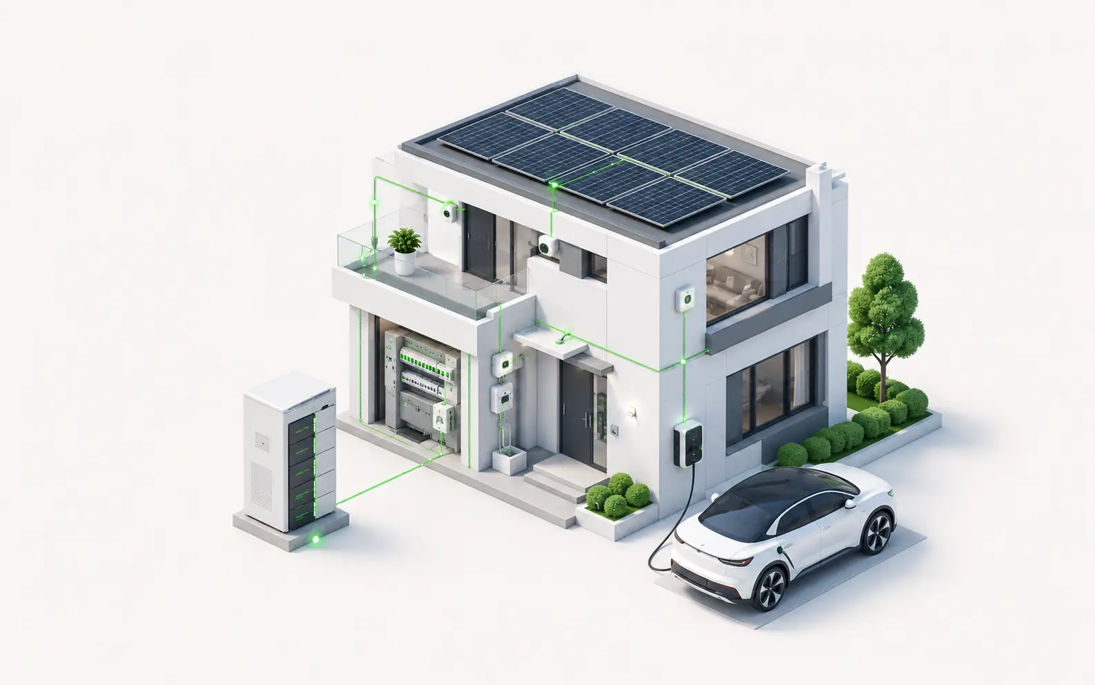 Modernes Wohngebäude mit Photovoltaikanlage, Batteriespeicher, intelligenter Gebäudetechnik und Wallbox