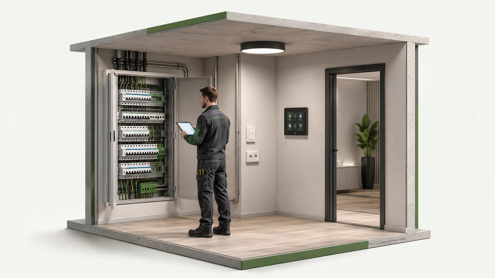 Illustration: Elektriker mit Tablet an einer Elektroverteilung, daneben Beleuchtung und intelligente Gebäudesteuerung.