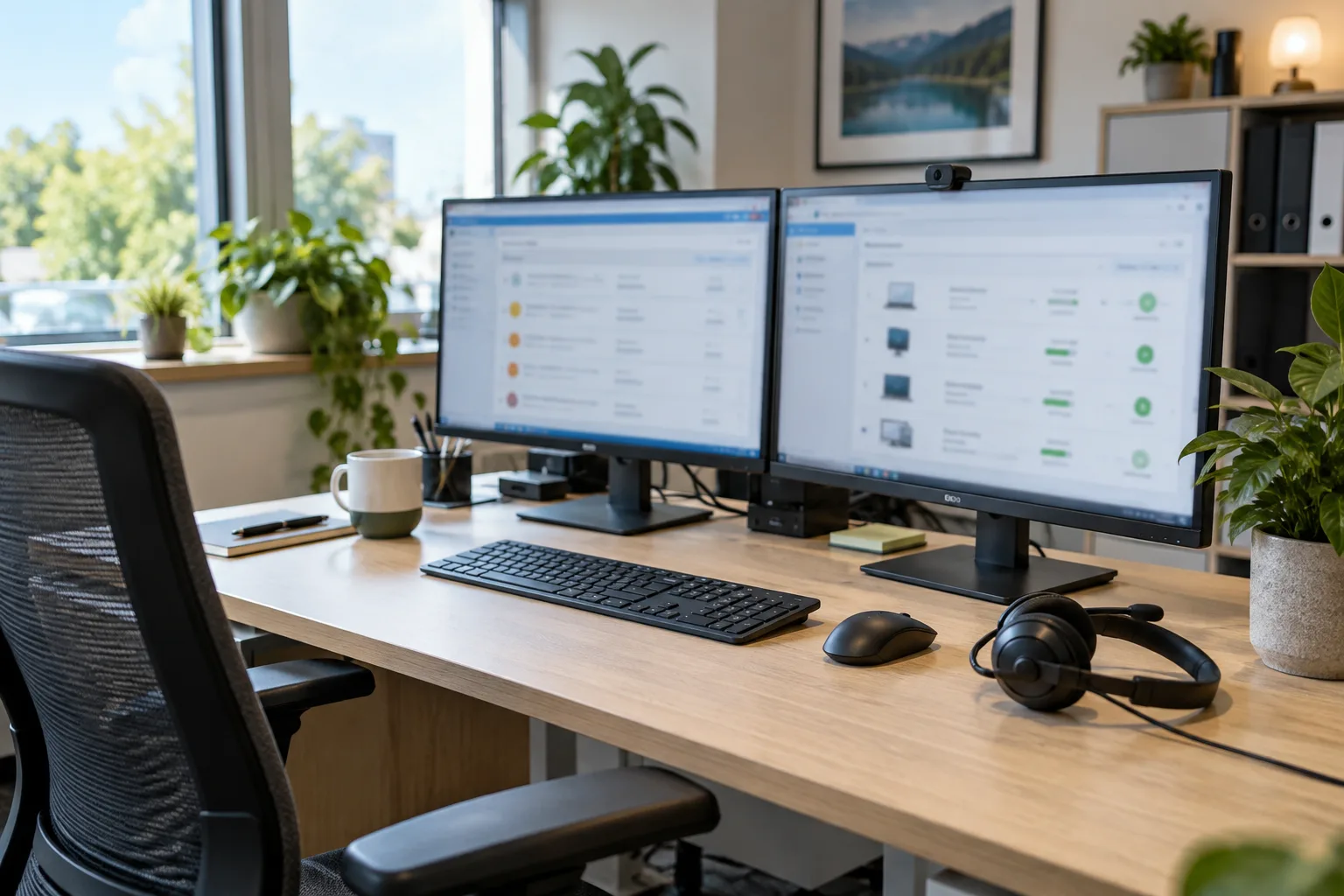 Symbolischer IT-Arbeitsplatz mit zwei Monitoren, Tastatur und Headset
