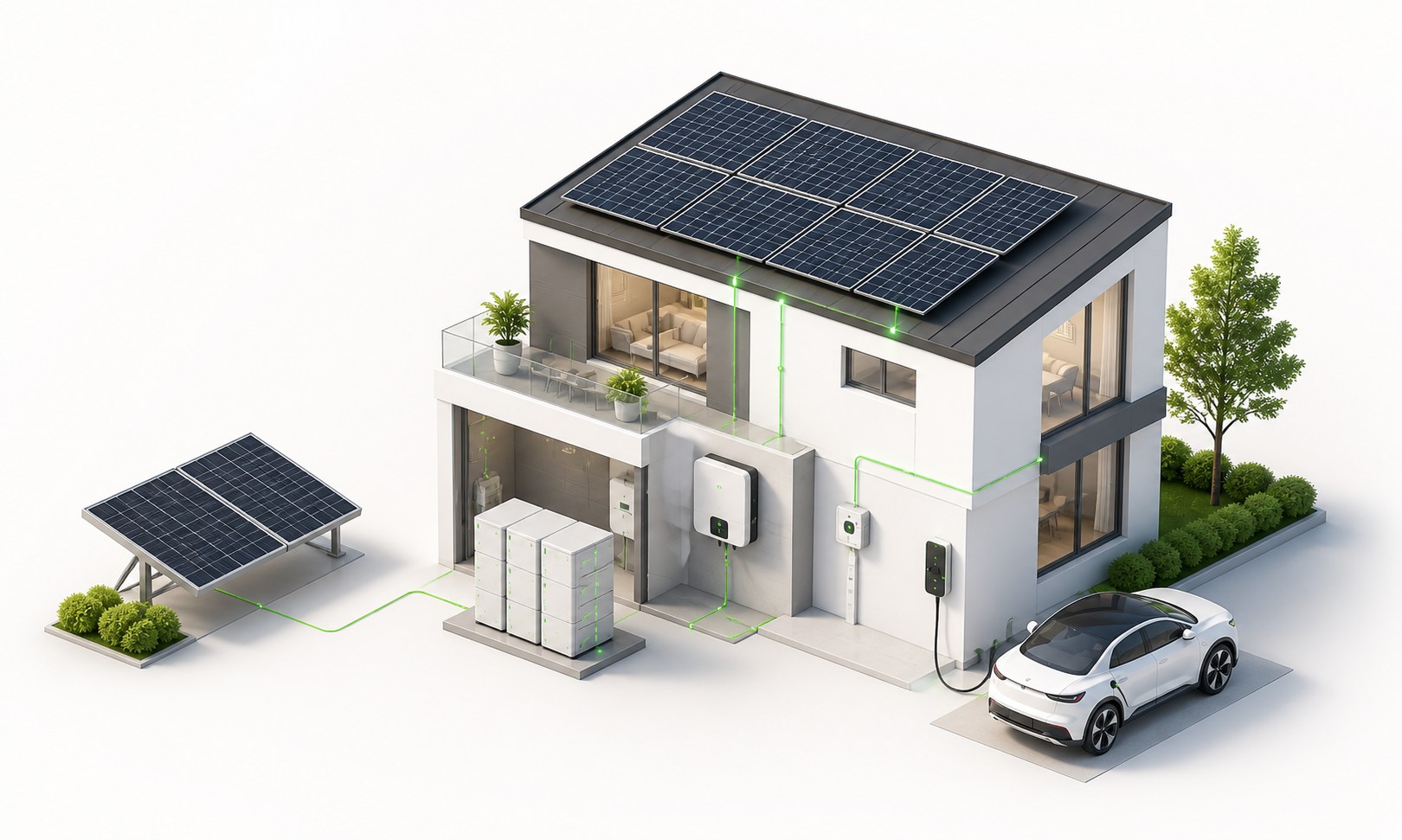 Photovoltaikanlage mit Wechselrichter, Batteriespeicher, Energiemanagement, Wallbox und Elektroauto